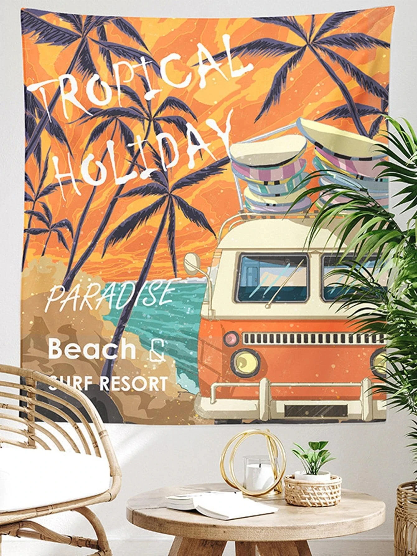 Auto- und Kokosnussbaum-Feiertagsmuster, dekorativer Wandteppich, Raumdekoration, Heimdekoration, Wohnheim, Wandbehang, Decke, Hintergrund Image