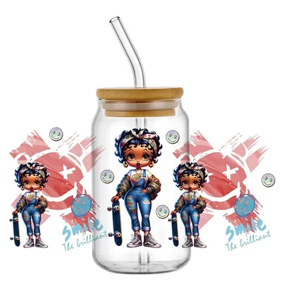 Miniso Skateboard Fashion Girl Series 3D Sticker 16oz UV DTF Cup Wrap Transfer Sticker Waterproof