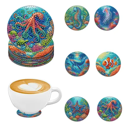6-piece DIY Marine animal print diamond art painting Coasters Wooden coasters Living Room Office Bar