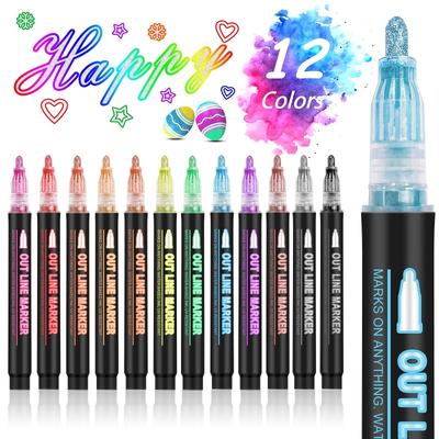TEMU 12pcs Metallic Shimmer Outline Markers - Vibrant Colors For Gift Cards, Rock Painting, Wood, Ceramic & Glass Crafts, Dual-tip Design For Precise & Artwork Image