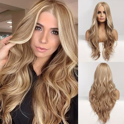 TEMU 1pc Emmor Unisex Long Blonde Curly Wig - 100% High-temperature Fiber, Elegant Style, Cap, 120% Density, Loose For Party Cosplay And Daily Use Image
