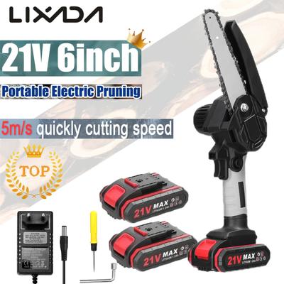 TEMU Lixada 21v 6inch 2 Battery Portable Mini Electric Pruning Saw Rechargeable Small Wood Spliting Chainsaw One-handed Woodworking Operation Tool For Garden Best Gift For Father And Husband Image