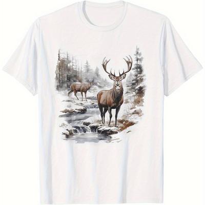 TEMU Retro Deer Wilderness Scene Buck And Doe Deer T-shirt, Suitable For All Men And Women Outdoor Short-sleeved T-shirts In All , 100% Cotton, S-xxxl Image