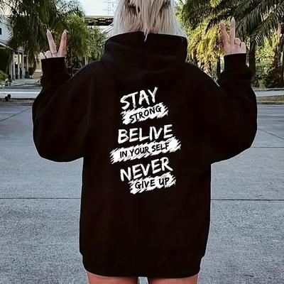 "TEMU Women's " " Inspirational Letter Print Hoodie - Casual Black Pullover With Drawstring, Long Sleeves & Kangaroo Pocket For Fall/winter, 100% Polyester, Machine Washable" Image