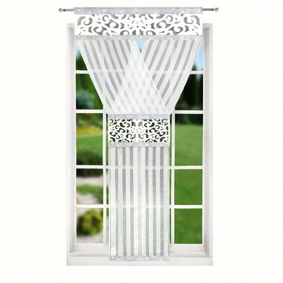 TEMU Suitable For Living Room, Bedroom, Dining Room Use 1pc White Lace Tulle Curtains, Unique Striped , Lace With Silvery Thread Diamonds, Fashionable And Elegant Image
