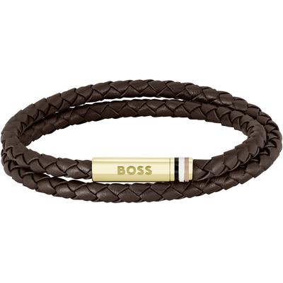 Lederarmband BOSS "ARES, 1580670M" Gr. M, braun (gelbgoldfarben, braun), Armbänder, Herren, M, Edelstahl-Leder, Edelstahl, Leder Image