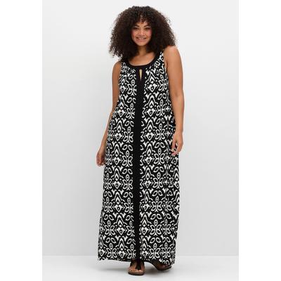 Maxikleid SHEEGO "Große Größen", Damen, Gr. 46, Normalgrößen, schwarz-weiß (schwarz, weiß), Obermaterial: 95% Viskose (LENZING ECOVERO), 5% Elasthan, gemustert, feminin, figurumspielend lang, Rundhals, ohne Ärmel, Kleider, mit Ornamentdruck und... Image
