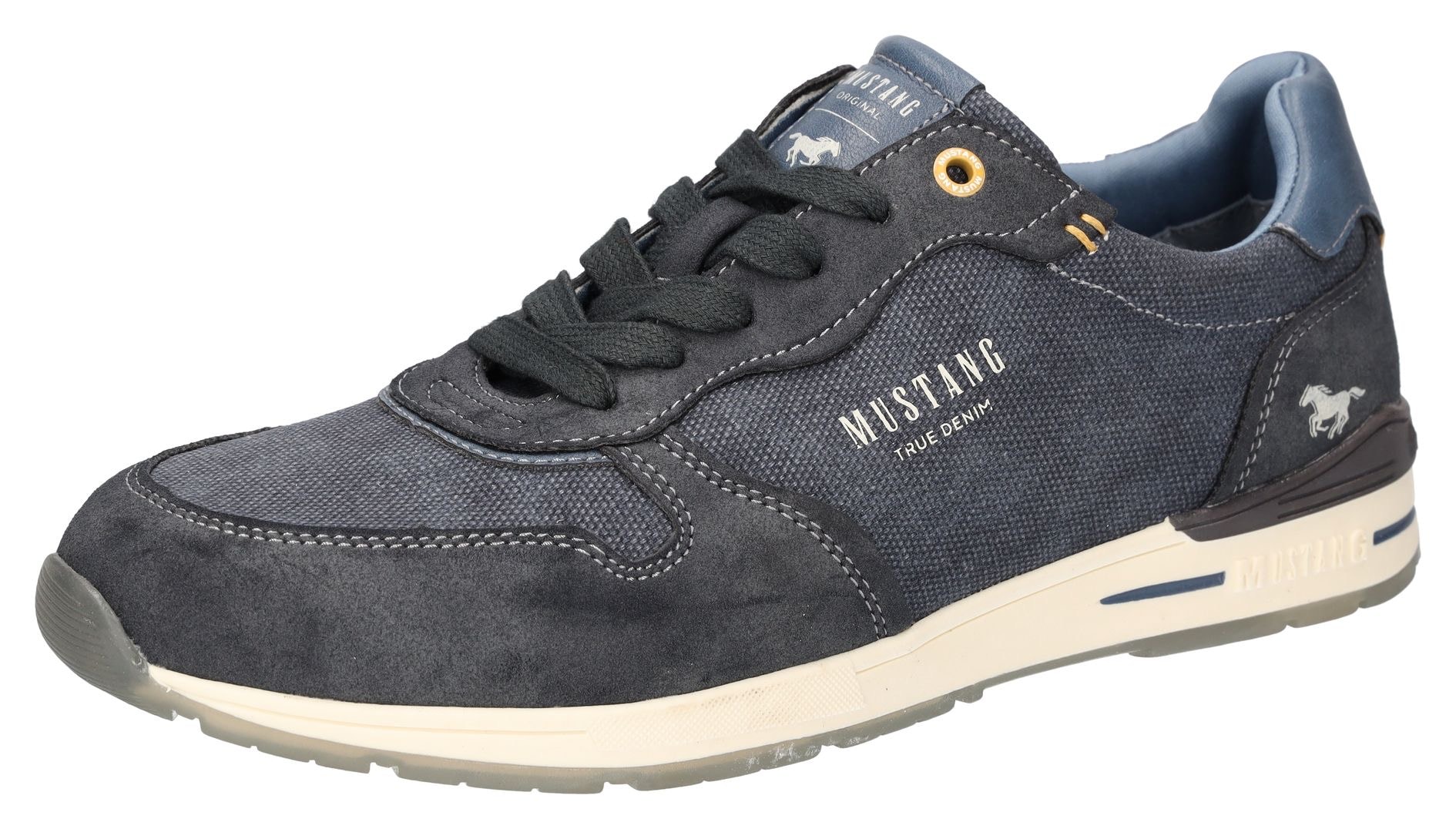 Sneaker MUSTANG SHOES, Herren, Gr. 44, blau (jeansblau), Lederimitat, Textil, vintage, Schuhe Sneaker, Schnürschuh, Freizeitschuh im Runners Look