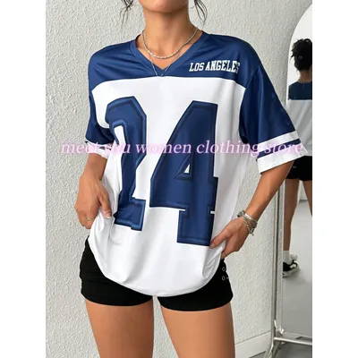 LOSANGELES 24 Print Women PLUS SIZE V-Neck Short Sleeve T-Shirt Baseball Jerseys Stripe Sport