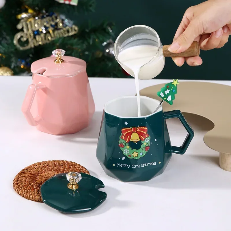 Weihnachten Keramik Tassen Santa Claus Elch Wasser Tasse mit Deckel und Löffel Kaffee Becher Milch Tee Tassen Kreative Weihnachten Dekorative Geschenk Image