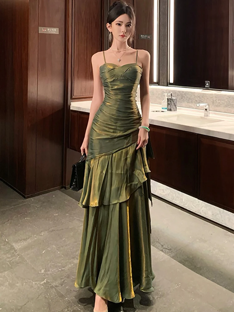Sommer Neues Grünes Elegantes Rüschen-Maxikleid Damen Luxus Bodycon Trägerkleid 2026 Koreanisches Vintage Festival Partykleid für Veranstaltungen Image