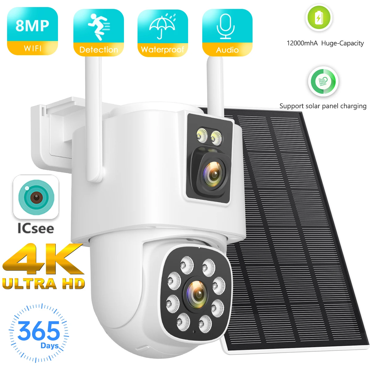 BESDER 8MP 4K Solar Wireless IP Kamera mit 12000 mAh Batterie Outdoor HD 4MP Dual Objektiv WiFi IP Camara Solar Panel CCTV Sicherheit Image
