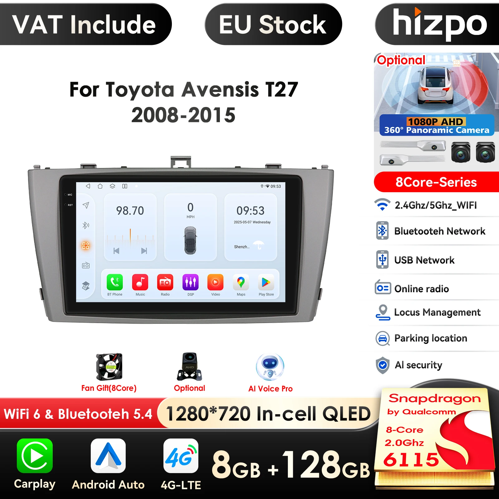 Intelligenter bildschirm 2din android autoradio multimedia video player für toyota avensis t27 2008-2015 gps nav carplay auto 4g rds Image