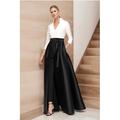 Eleganter A-Linien Jumpsuit Anzug für die Mutter der Braut mit V-Ausschnitt und Schleife - Schwarz und Weiß bodenlanger Satin