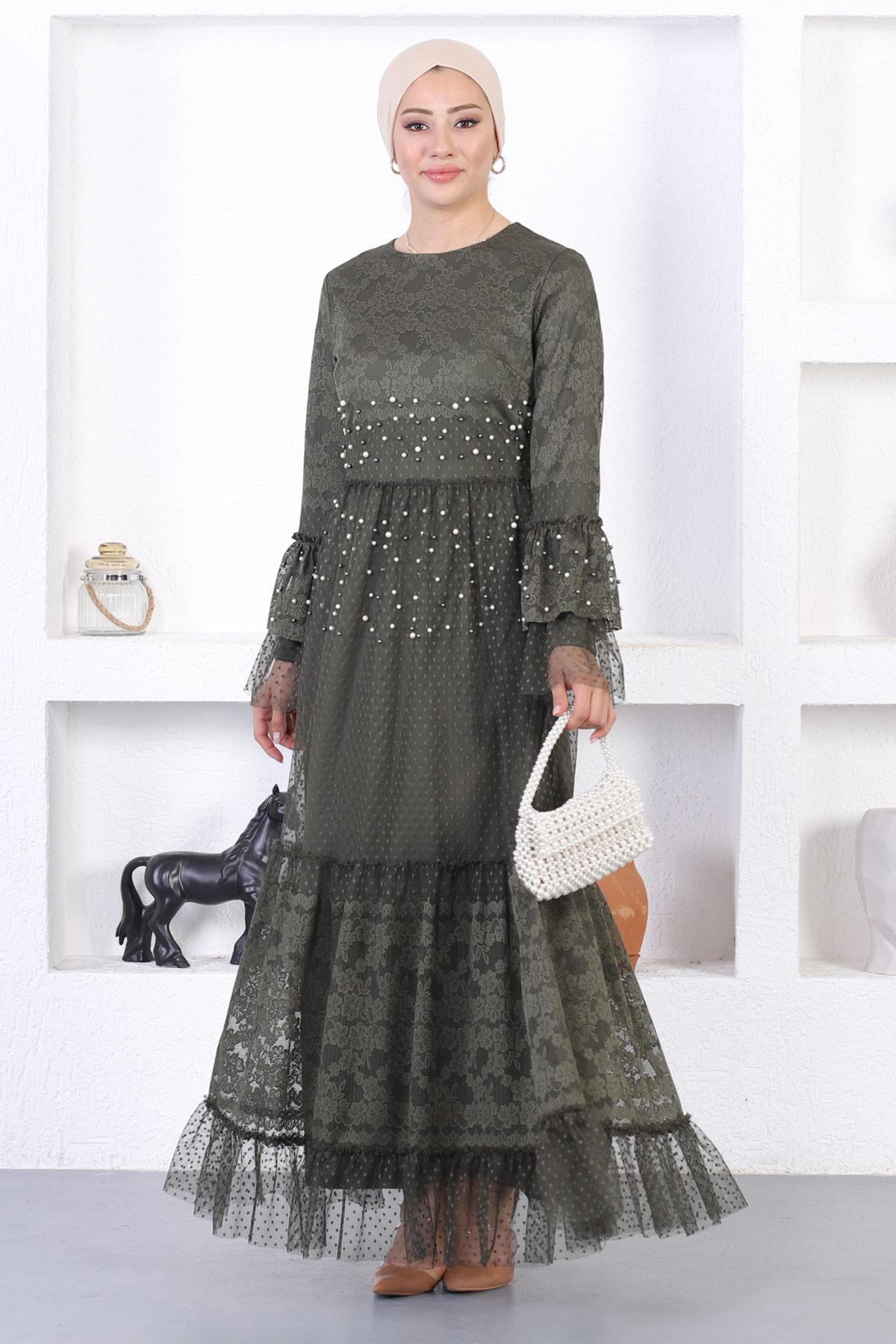 Perlen Spitze Rüschen Ärmel Abendkleid Image