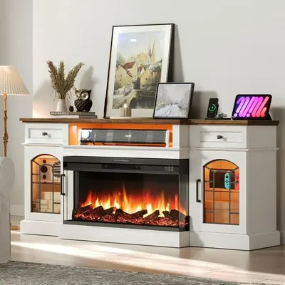 3-Sided Glass Fireplace TV Stand with Charging Station, 70'' Entertainment Center with 36" Electric