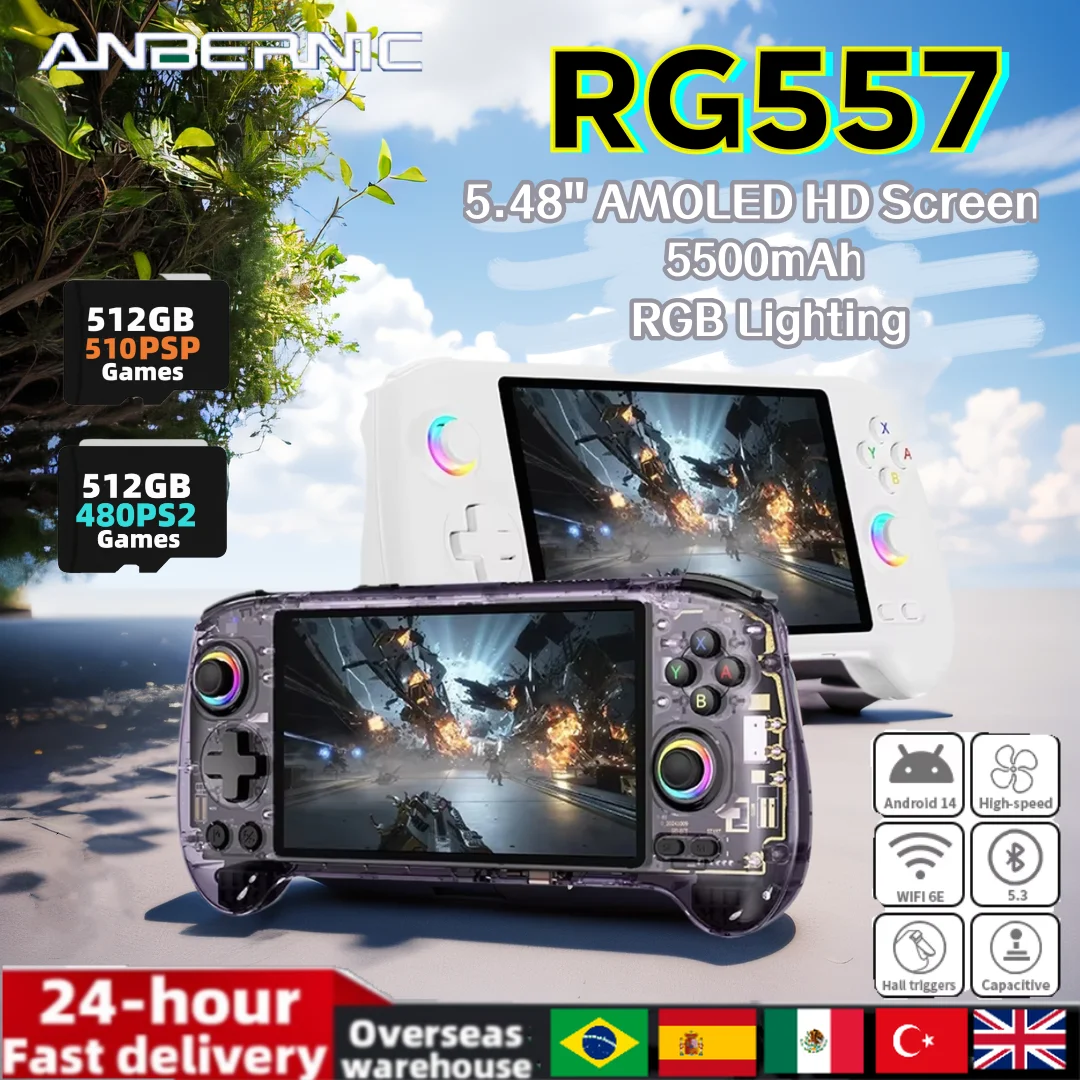 ANBERNIC RG557 Console di gioco portatile Schermo AMOLED HD da 5,48 pollici Console per videogiochi Android 14 RG 557 Dimensity 8300 PSP PS2 Regalo