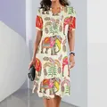 Robe mi-longue élégante à imprimé éléphant pour femmes, robes à manches courtes, vêtements respirants, mode féminine, été, nouveau, 2024