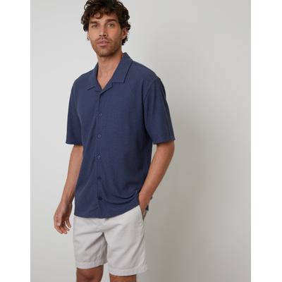Denim Blue Relaxed Fit Textured Revere Collar Shirt