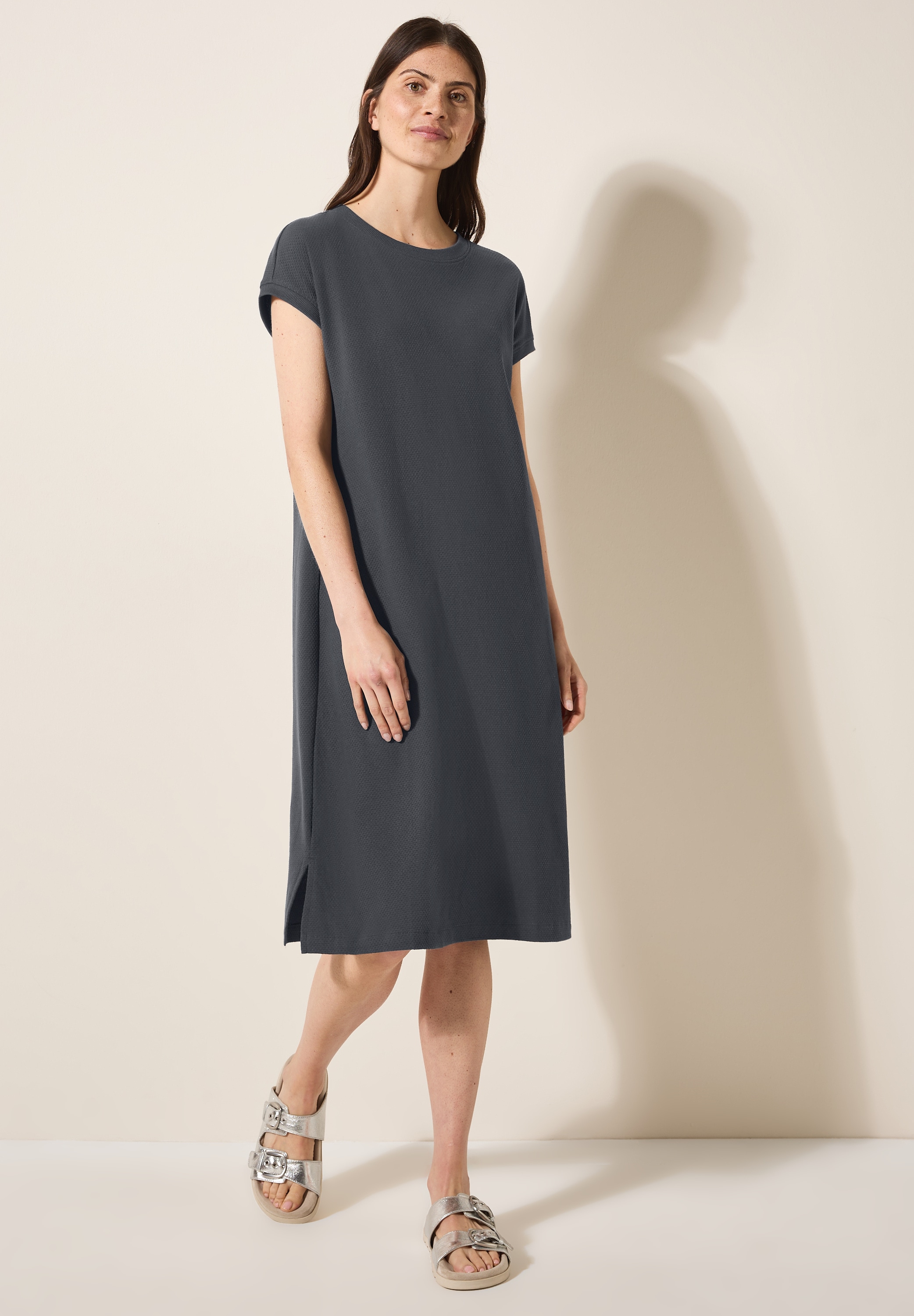 Sommerkleid CECIL, Damen, Gr. XS (36), US-Größen, grau (volcanic grau), Web, 58% Baumwolle, 42% Polyester, unifarben, gerade kniefrei, Rundhals, Bündchen, Kleider Sommerkleid, soft und trageangenehm