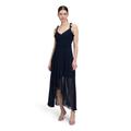Abendkleid VERA MONT "Vera Mont Abendkleid mit Volant", Damen, Gr. 36, Normalgrößen, blau (night sky), Chiffon, Obermaterial: 100% Polyester. Futter: 100% Polyester., elegant, A-Linie lang, U-Boot-Ausschnitt, Kleider, Wickel-Design
