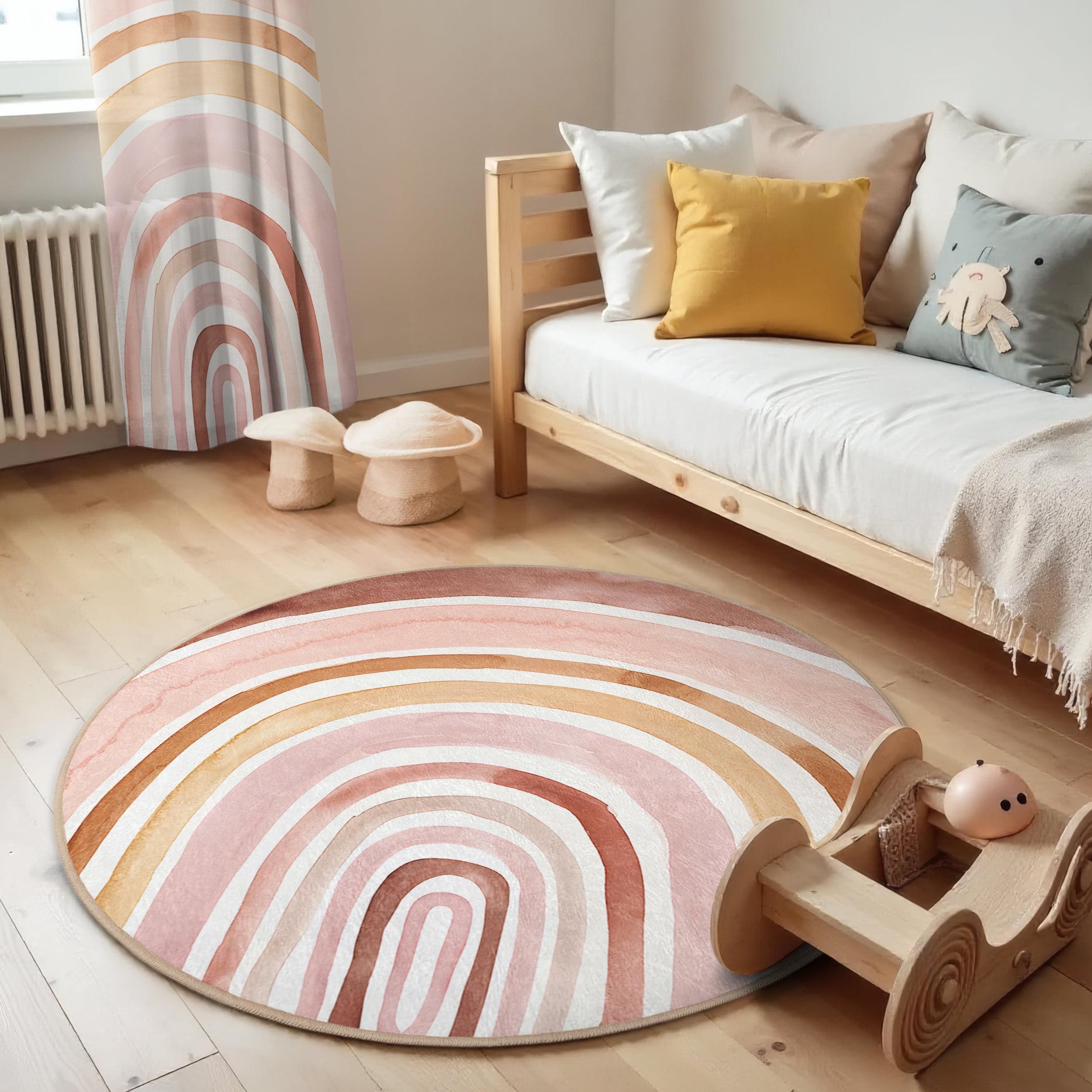Pastell Regenbogen Kinderzimmer Rund Teppich - Rosa Bogen Streifen Kreis Teppich-Boho Kinderzimmer Oval Matte-Spielzimmer Runder Teppich-Moderne Anti-