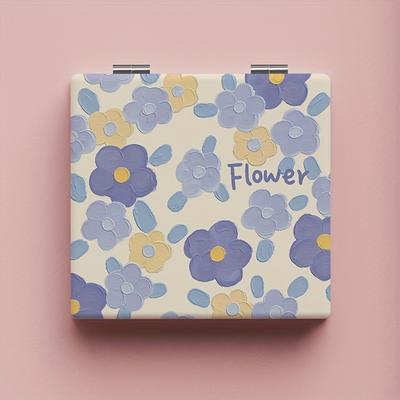 TEMU Flower Print Foldable Makeup Mirror Creative Desktop Cosmetic Touch-up Mirror Portable Square Beauty Mirror For Daily & Travel Makeup & Skincare Image