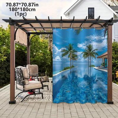 TEMU 1pc/2pcs Outdoor Curtain Swimming Pool Water Tree Pattern Sunshade Window Curtains For Courtyard, Garden, Suitable For Patio And Outdoor Yard Image