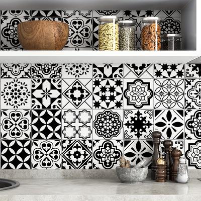 TEMU 1 Roll And White Print Pvc Self-adhesive Kitchen Sticker Waterproof Thickened Wallpaper Removable Kitchen And Bathroom Wall Background Decorative Wall Sticker 47.2x11.81inches Image