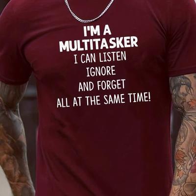 TEMU Tees For Men, Funny 'multitasker' Print T Shirt, Casual Short Sleeve Crew Neck Tshirt For Summer Spring Fall, Tops As Gifts Image