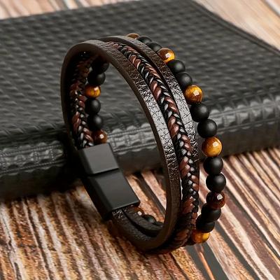 TEMU 1pc Fashion Layered Leather Bracelet With Tiger Eye Beads Suitable For Men's Image
