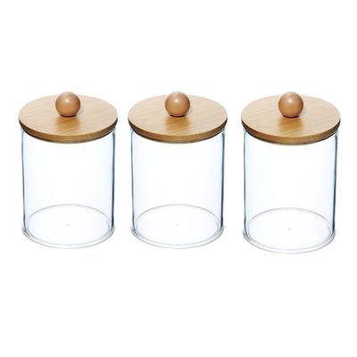 TEMU 1pc Acrylic Round Transparent Storage Jar With Wooden Lid - Swabs, Makeup & Small Items - Home Decluttering - 11.3cm X 7cm - For Modern Decor Image