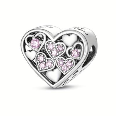 TEMU Pink Heart Charm Bead, 925 Silvery Plated Copper, Synthetic Zirconia, Decorative Bead For Necklace Bracelet, Vacation Theme, Church Wedding Birthday Gift Jewelry Accessory Image