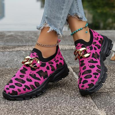 TEMU Women's Leopard Print Sneakers - Stylish & Comfortable Running Shoes With Breathable Mesh Upper, Sole, And Metallic Chain Detail For Casual Wear Image
