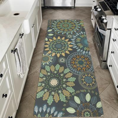 TEMU 1.2cm Thickness , 1pc Vintage Green Bohemian Floral Pattern Long Mat Non-slip Absorbent Polyester Mat Suitable For Living Room, Bedroom, Kitchen And Outdoor Decor Image