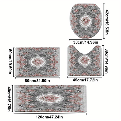 TEMU 4pcs/ Set Retro Printed Bathroom Protective Pad Set, Non-slip Bathroom Mat, Flannel Bathroom Mat, Bathroom Floor Mat, Toilet Mat Universal Soft Comfortable, Home Decoration, Winter Decoration Image