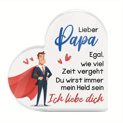 "TEMU 1pc Putuo Decor Heart-shaped Acrylic Sign - "lieber Papa, Du Willst Immer Mein Hero Bleiben" Engraved Message | Ideal Desk Decor For | Warm, Loving Gift For Dad On Father's Day" Image