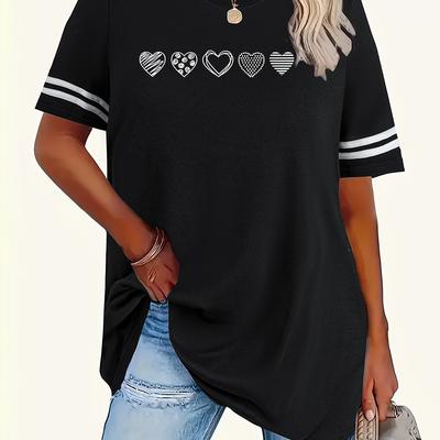 TEMU Plus Size Women's Casual Short Sleeve T-shirt - Black With & Heart Print, Round Neck, Machine Washable, Sizes 1x-8x, Everyday Apparel, Nontransparent Fabric Image