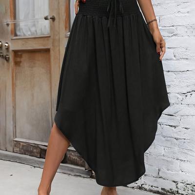 TEMU Women' Color Pleated Waistband Midi Skirt With Scalloped Hem - Elegant Rayon Fabric For Spring/summer/fall, Style Image