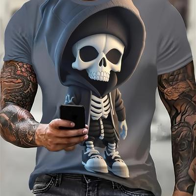 TEMU Men's Cartoon Skeleton With Hood Print Short Sleeve Crew Neck T-shirt, Casual Stylish Tee As Gift Image