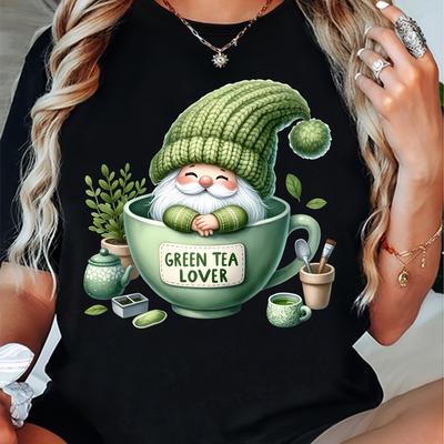 TEMU 1pc Women's Casual Crew Neck T-shirt With Green Print - Polyester Knit Fabric, Geometric Pattern, Medium Stretch, Summer Season - Perfect Gift For Lovers Image