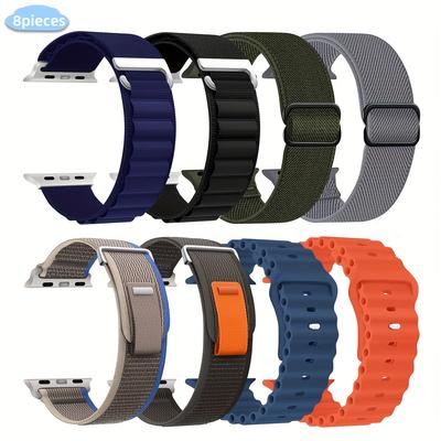 TEMU 8pcs Silicone Replacement Bands For Watch Ultra/se/10/9/8/7/6/5/4/3/2/1, Breathable , Alpine Loop & Elastic Strap With Deployant Clasp, Water-resistant Wristbands Image