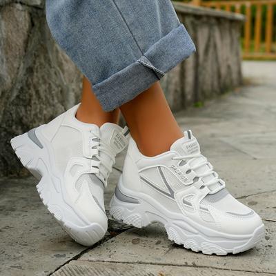 TEMU Women's Breathable Mesh Sneakers - Casual Lace-up Dad Shoes With Hidden Height Increase, Non-slip , Low- Image