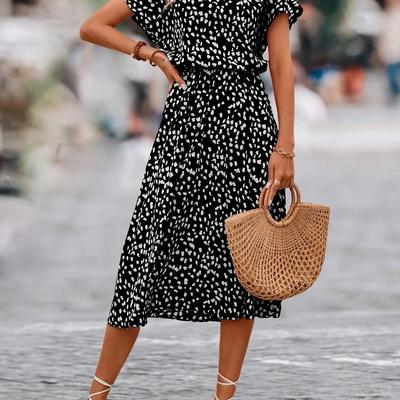 TEMU Elegant Printed Polyester Dress With Crew Neck And Short Sleeves - Spring/summer Image