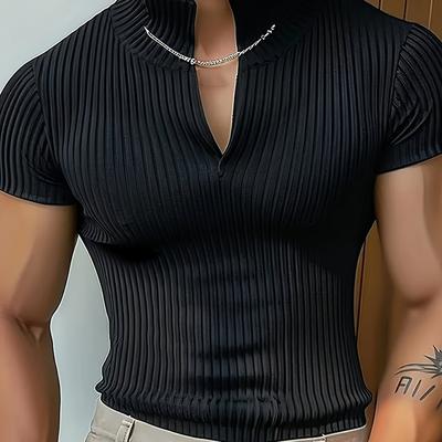 TEMU Men's Slim Fit Ribbed Knit Shirt - Casual Solid Color Short Sleeve With Half , Medium Stretch Fabric, Summer , Casual Attire | Stylish Accessory | Durable Fabric, Shirt Image