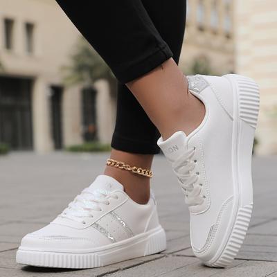 TEMU 1 Pair Women' Sneakers, Lightweight, Breathable, Non-slip, Striped, Glitter Accent, Low-top, Lace-up, Casual Sports Shoes With Upper, Fabric Inner, Eva Sole, Washable For All Image