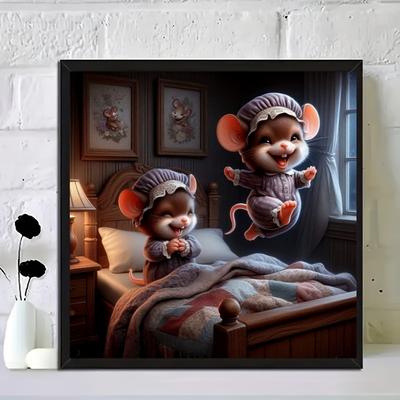 TEMU Adorable Cartoon Mice 5d Diamond Painting Kit - Perfect Diy Gift For Birthdays & Holidays, Round Acrylic Diamonds, Cozy Bedroom Scene Craft Set For Wall Decor Image