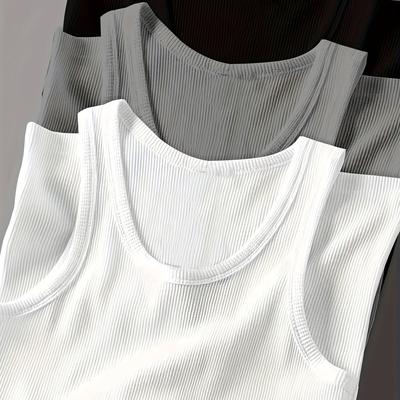 TEMU 3-pack Men's Summer Solid Color Knit Tank Tops, Skinny Fit Polyester Crew Neck Undershirts, Medium Stretch 170g/m² Fabric Weight Image