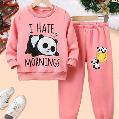 TEMU Cozy & Cute Cartoon Print Girls' Fleece-lined Sweatshirt And Joggers Set - Fall/winter, Machine Washable, Outdoor Image