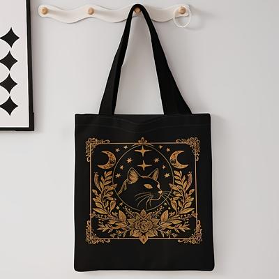 TEMU Stylish Cat Print Reusable Tote Bag - Black Canvas Shoulder Shopping Bag With Golden Astrological Design, Polyester Fabric, Daily & Casual Use, Cute Tote Bag Image